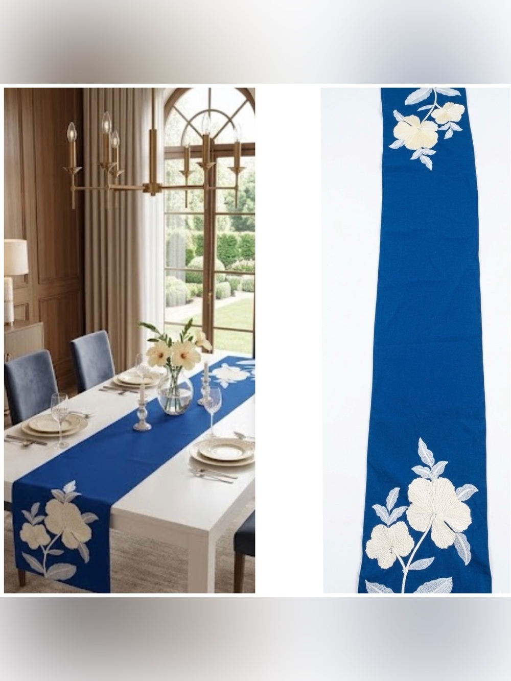 Pier 1 Royal Blue White Floral Embroidered Fringe Elegant 72”Table Runner
